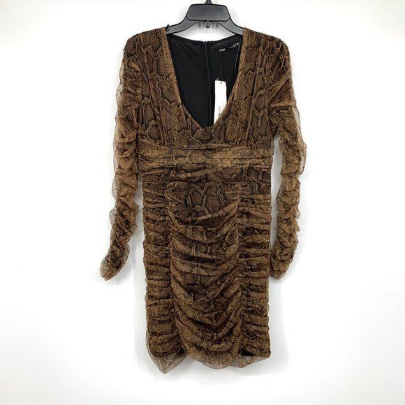 Zara Dress Brown Snake Print Draped Tulle V Neck Long Sleeve NWT - Picture 4 of 13